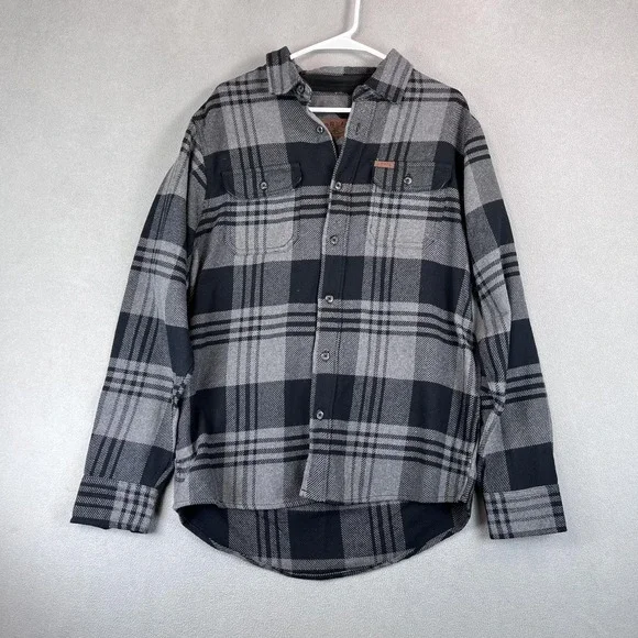 Orvis Shirt Mens Medium Gray Black Plaid Flannel Button Up Heavyweight Pockets - Picture 1 of 10